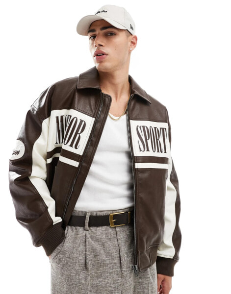 Bershka vintage varsity bomber in brown