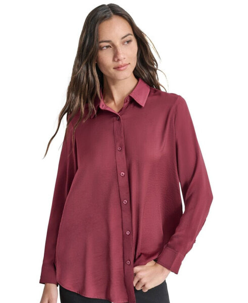 Petite Buttoned-Cuff Fold-Collar Blouse