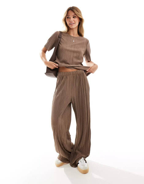 Vila wide leg plisse trouser co-ord in brown