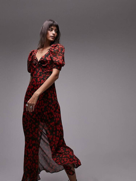 Topshop puff sleeve bias maxi dress in red print