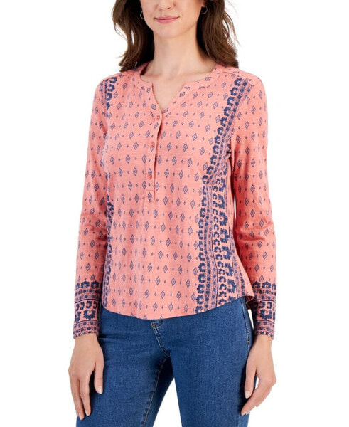Women's Printed Henley Knit Shirt, Created for Macy's