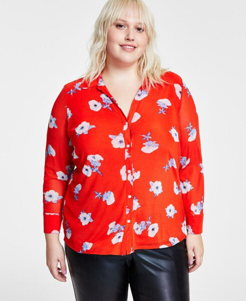 Plus Size Floral-Print Mesh Shirt, Created for Macy's