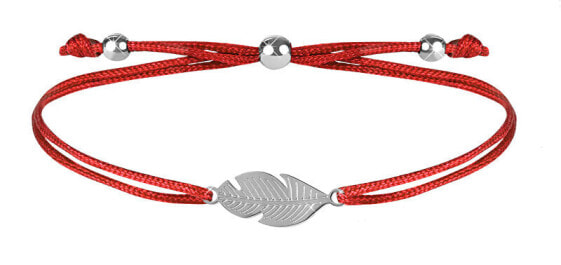 Corded bracelet with red / steel feather