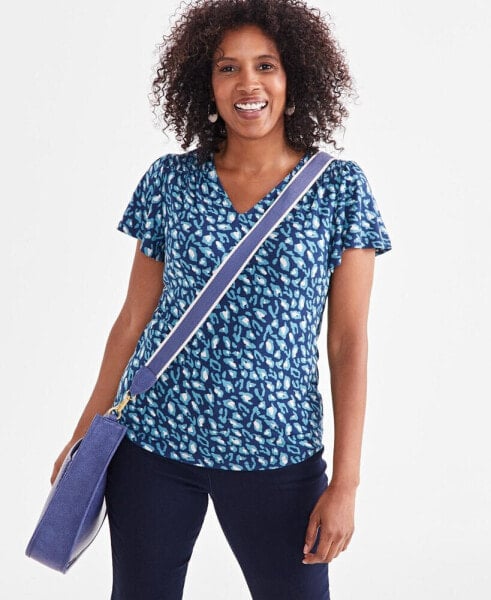 Petite Animal Wind Printed V-Neck Flutter-Sleeve Top, Created for Macy's
