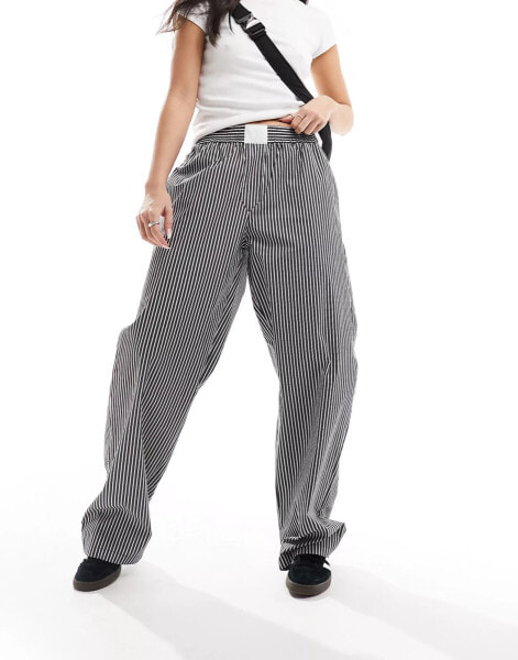 Lioness wide leg boxer waist detail trousers in black stripe