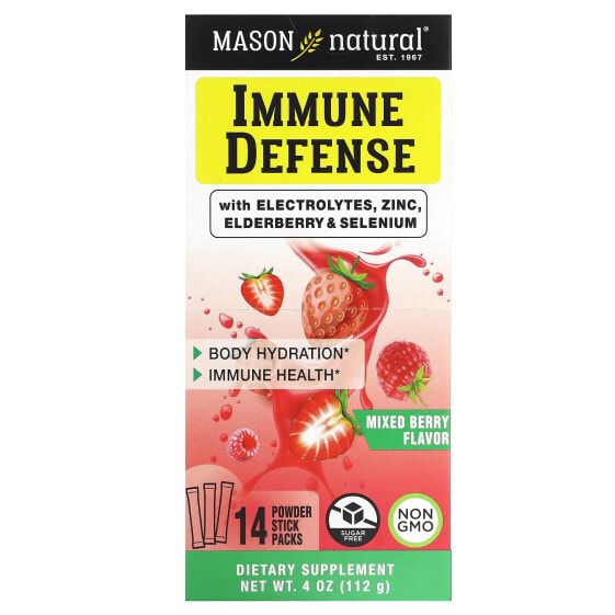 Защита иммунитета с электролитами, цинком, боярышником и селеном, набор порошковых пакетиков Mixed Berry, 14 шт по 8 г каждый от Mason Natural