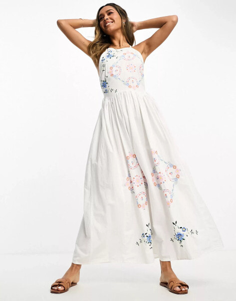 ASOS DESIGN embroidered pinny midi dress with open back and cutwork detail in white