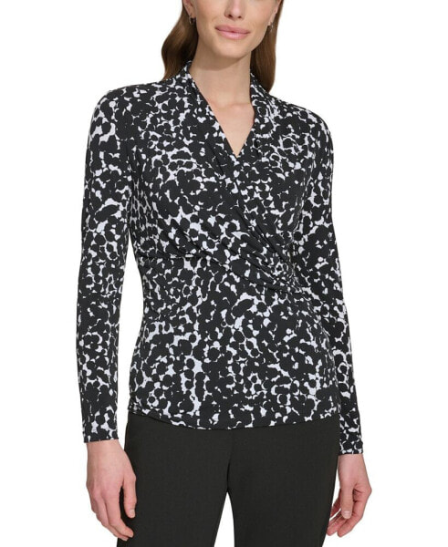Petite Printed Ruched-Side Long-Sleeve Top