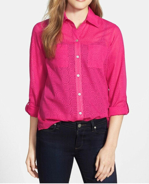 Foxcroft Womens Hot Pink Floral Burnout Shaped Roll Tab Button-Up Shirt Size 8