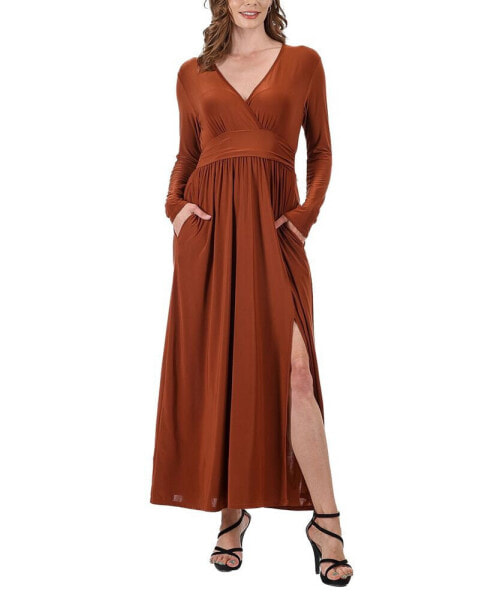 Women's Long Sleeve V-neck Side Slit Maxi Dress