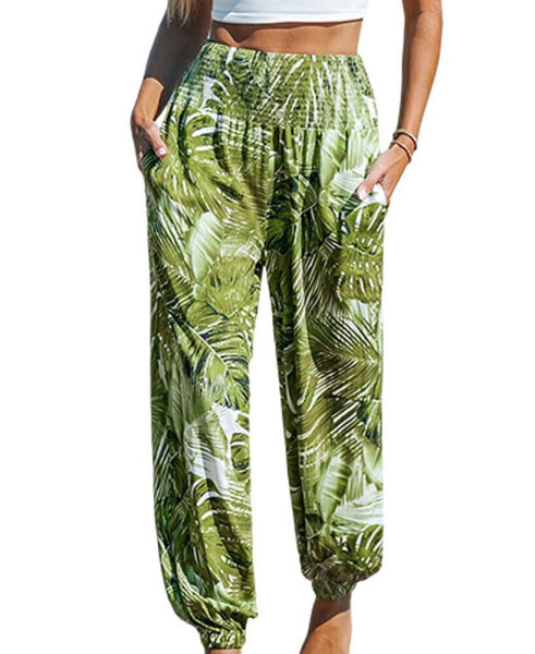 Women's Palm Leaf Smocked Waist Tapered Leg Pants