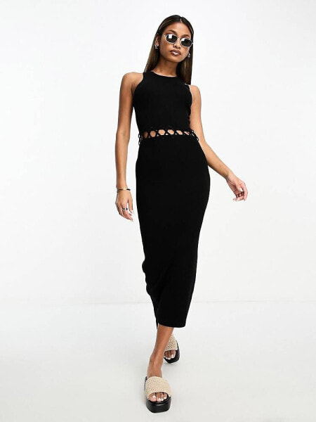 ASOS DESIGN knitted midi dress with cut out waist detail in black