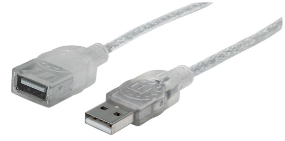 Manhattan USB-A to USB-A Extension Cable - 1.8m - Male to Female - 480 Mbps (USB 2.0) - Hi-Speed USB - Translucent Silver - Lifetime Warranty - Polybag - 1.8 m - USB A - USB A - USB 2.0 - Male/Female - Silver