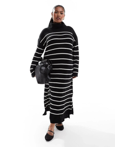 Vila Curve high neck knitted maxi dress in black and white stripe