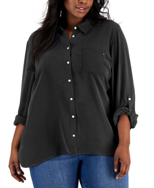 Блузка с эмблемой Tommy Hilfiger plus Size Roll-Tab-Sleeve Button-Down