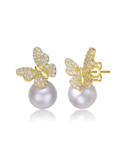 14k Yellow Gold Plated with Pearl Cubic Zirconia Butterfly Earrings in Sterling Silver