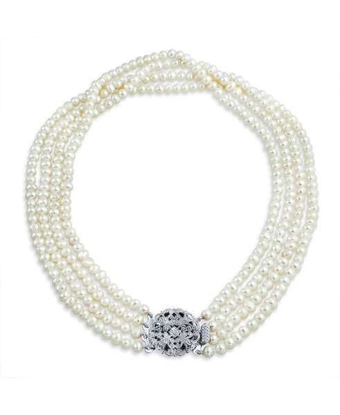 Antique Art Deco Style Wide Statement Bridal Four Multi Strand White Freshwater Cultured Pearl Necklace For Women Floral Clasp Silver Plated Brass