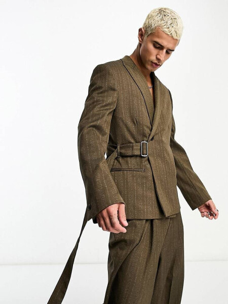 ASOS DESIGN slim suit jacket in tonal stripe with belt detail 