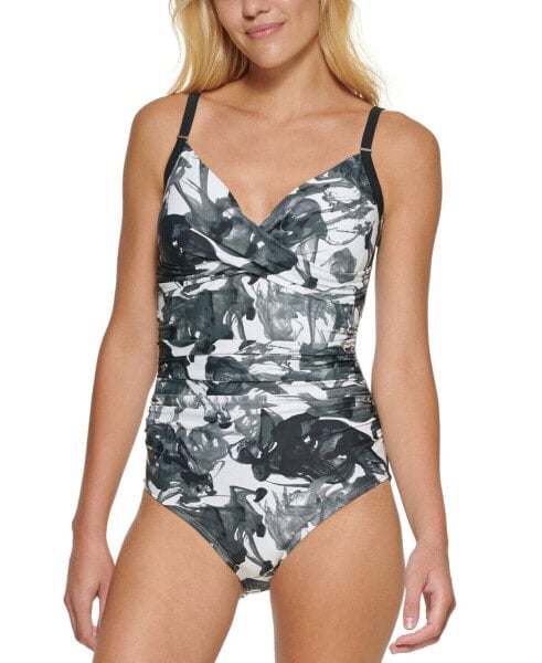 Calvin Klein Womens Printed Twist-Front One-Piece Swimsuit Black Multi Size 4