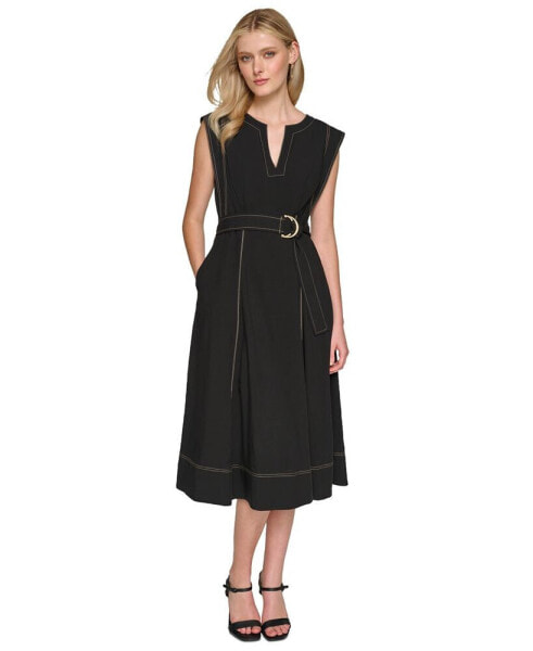 Women's Belted Cotton Midi A-Line Dress