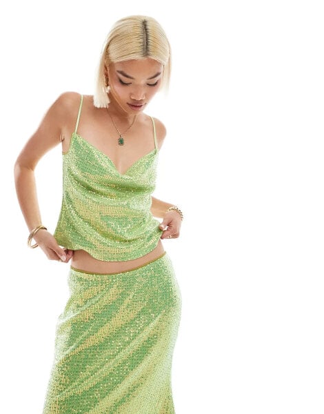 Labelrail x Olivia Grace Herring cowl neck sequin cami top co-ord in green