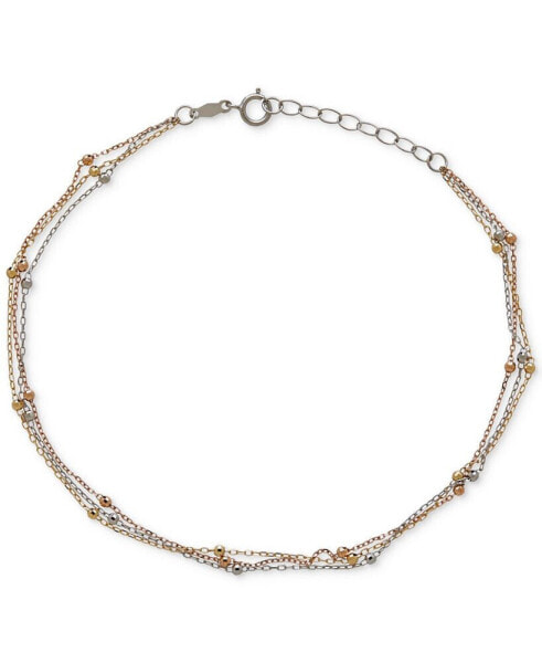 Tri-Tone Beaded Ankle Bracelet in 14k White, Yellow and Rose Gold