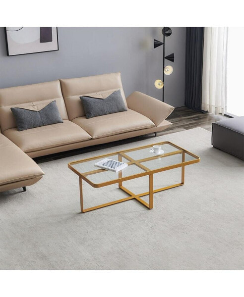 Minimalism Rectangle Coffee Table, Golden Metal Frame With Tempered Glass Tabletop