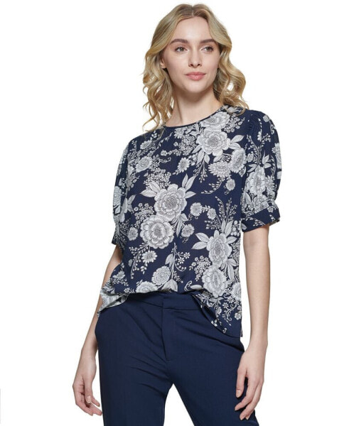 Women's Floral Cuffed Puff-Sleeve Blouse