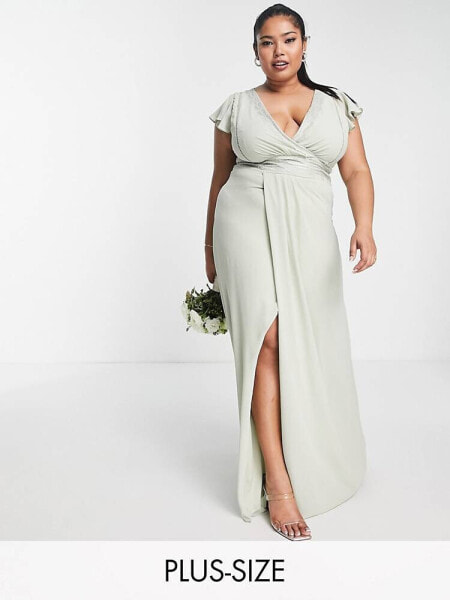 TFNC Plus Bridesmaid flutter sleeve ruffle detail maxi dress in sage green