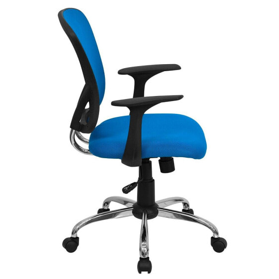 Mid-Back Blue Mesh Swivel Task Chair With Chrome Base And Arms