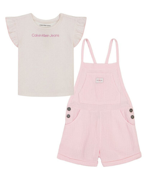 Toddler Girls Flutter Sleeve Pattern T-shirt and Muslin Shortalls, 2 Piece Set