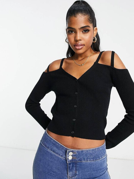 Miss Selfridge button through cold shoulder rib top in black