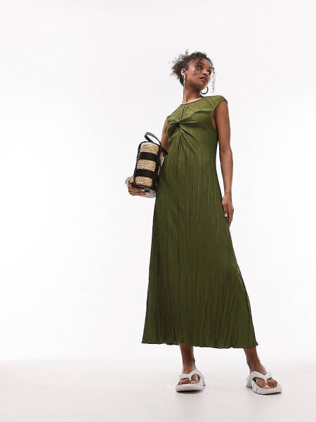 Topshop twist front textured jersey column midi dress in khaki