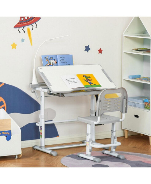 Стол и стул для детей Qaba Kids, набор, высота регулируется, стол и стул для школы с наклонной столешницей, светодиодная лампа, пенал, ящик, подставка для чтения, держатель для кубка и слоты для ручек, серый