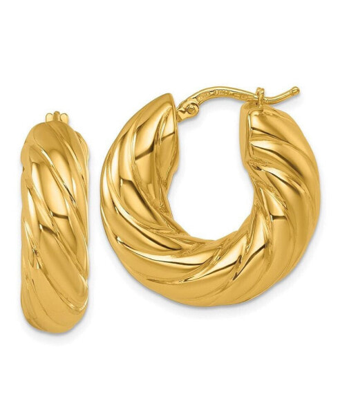 18k Yellow Gold Polished and Twisted 7.6x25mm Round Hoop Earrings