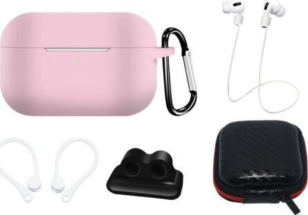 Hurtel Zestaw silikonowe etui AirPods Pro 2 / AirPods Pro 1 + futerał / zaczep na ucho / pasek na szyję / uchwyt na pasek zegarka / karabińczyk - różowe