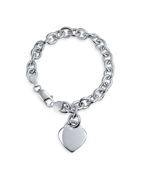 Solid Link Heart Shape Tag Charm Bracelet 7.5 Inch For Women Teens .925 Sterling Silver Made in Italy