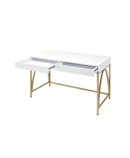 Lightmane Vanity Desk In White High Gloss & Gold Finish