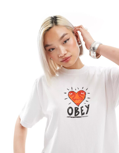 Obey heart graphic short sleeve t-shirt in white