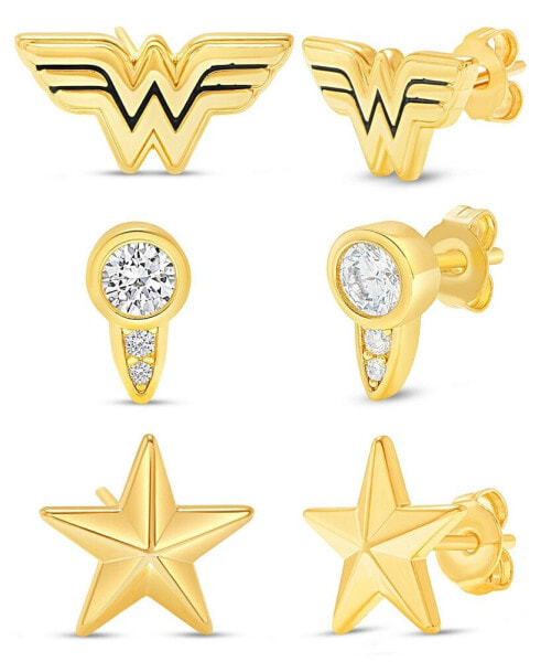 Wonder Woman Gold Plated Stud Earrings Set - 3 Pairs