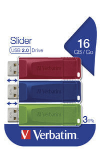 Verbatim Slider - USB Drive - 3x16 GB - Blue/Red/Green - 16 GB - USB Type-A - 2.0 - Slide - 8 g - Blue - Green - Red