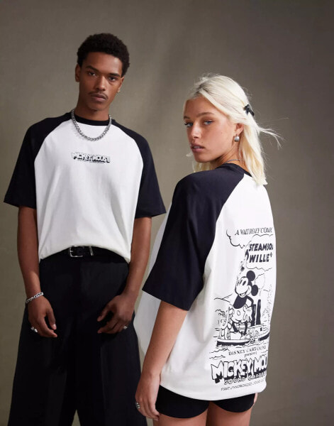 ASOS DESIGN Disney unisex oversized raglan t-shirt with Steamboat Willie print in off white