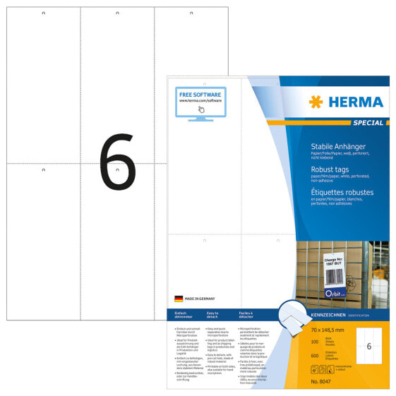HERMA Robust tags A4 70x148,5 mm white paper/film/paper perforated non-adhesive 600 pcs. - White - Rectangle - Paper - Germany - Laser/Inkjet - 7 cm