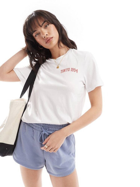 Pieces oversized Toyko t-shirt in white and red