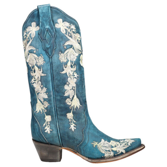 Corral Boots Studded Floral Snip Toe Cowboy Womens Blue Casual Boots A4361