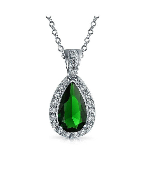 Classic Bridal Jewelry Pear Shape Solitaire Teardrop Halo AAA 15CT CZ Simulated Emerald Green Pendant Necklace Prom Bridesmaid Wedding Rhodium Plated