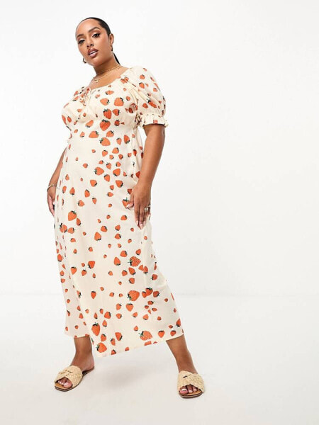 Wednesday's Girl Curve strawberry print milkmaid midaxi dress in cream