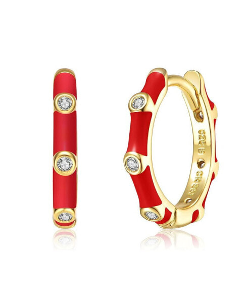 Baby/Kids 14k Yellow Gold Plated with Cubic Zirconia Enamel Bamboo Hoop Earrings