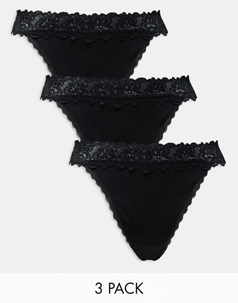 ASOS DESIGN Curve Minnie 3 pack cotton thong with lace waistband in black