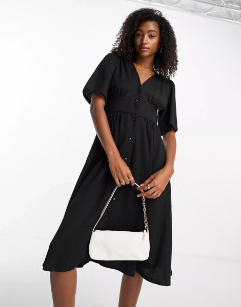 Vero Moda button front midi dress with flutter sleeves in black